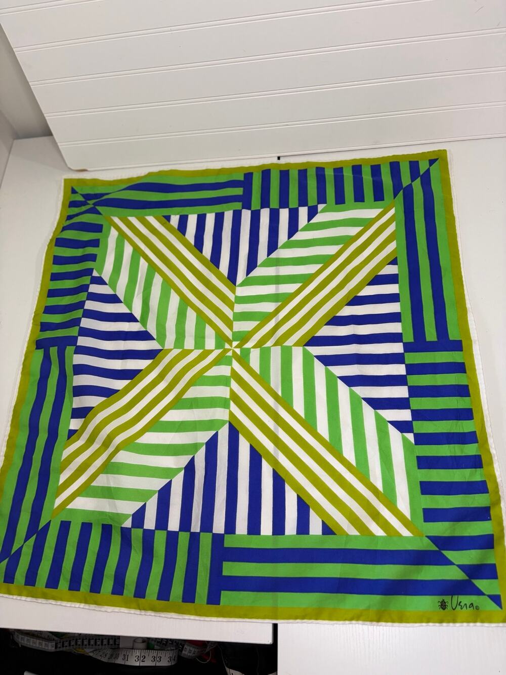 Vintage Vera Neumann Geometric Silk Square Scarf Green Navy Pinwheel Stripe